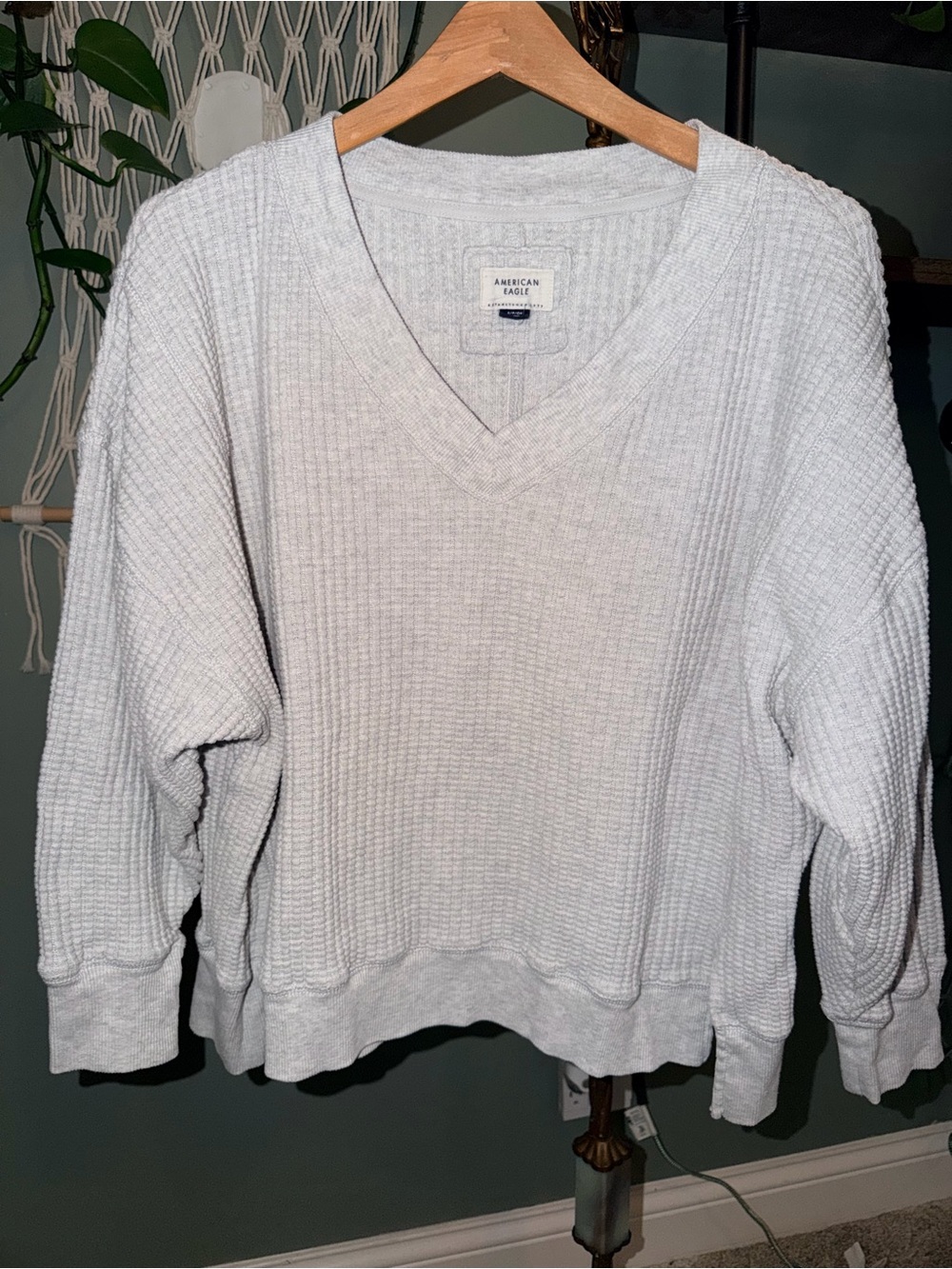 American Eagle Waffle Knit Oversized V-Neck Pullover Gray Small
